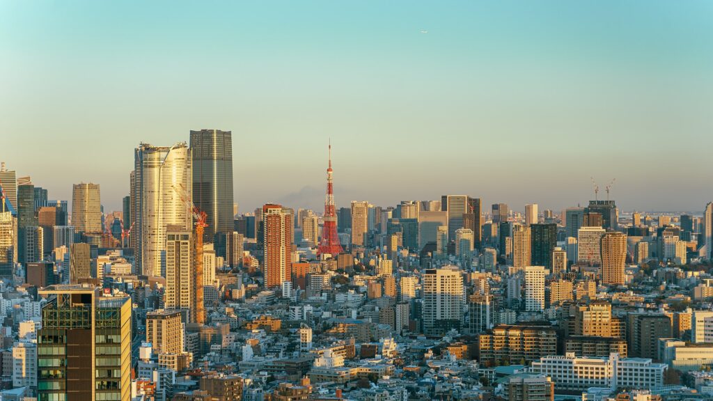 Tokyo Japan city skyline featuring Tokyo Tower in Minato City