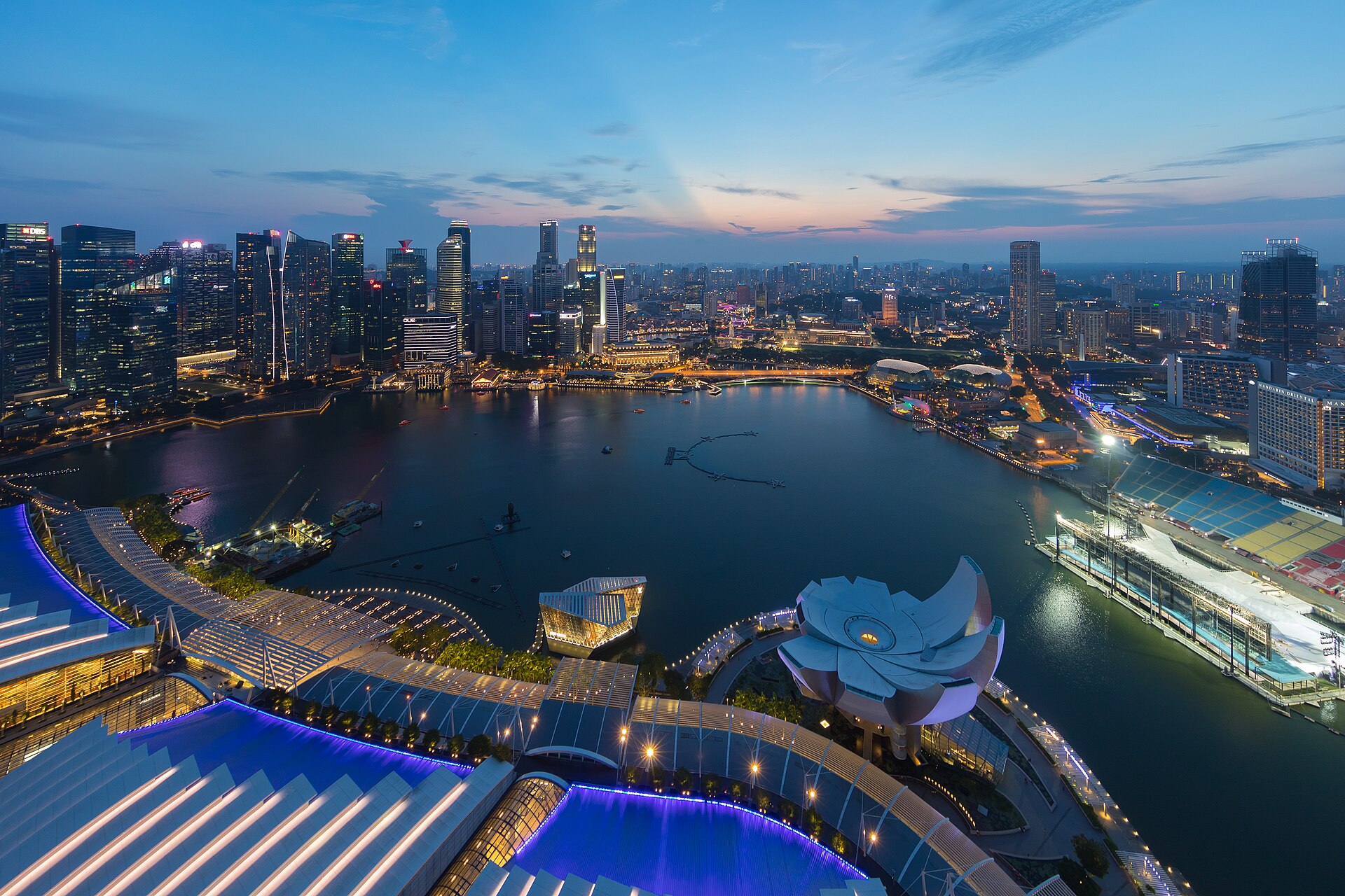 Singapore Marina Bay skyline with Marina Bay Sands and Financial District at dusk